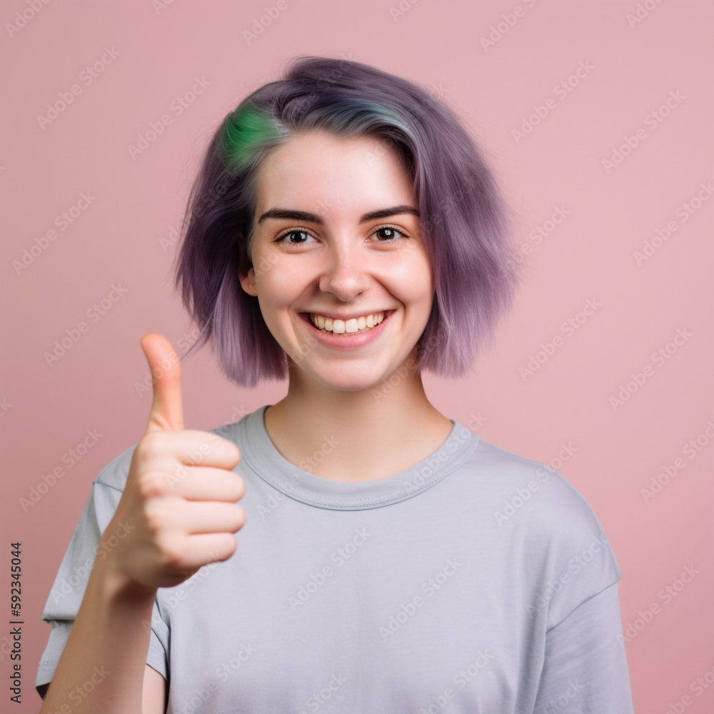 Portait of a pretty woman smiling, holding her thumb up. Generative AI Portait of a pretty woman smiling, holding her thumb up. Generative AI