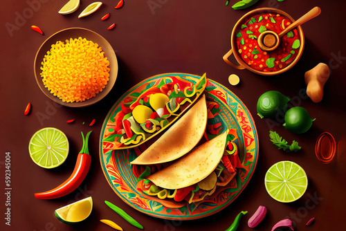 Wallpaper Mural Mexican party concept with nachos chips, cactus, maracas, avocado. Generative Ai Torontodigital.ca