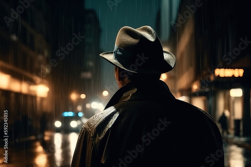 back of male detective spy in hat and coat on street at night in rain in noir style. Generative AI photo