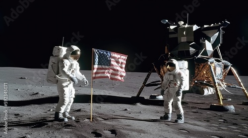 A group photo of the Apollo 11 astronauts on the moon in 1969, planting the American flag and capturing the moment of human’s first steps on another celestial body, 8k, intricate detail, generative ai photo