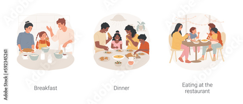 Family eating together isolated cartoon vector illustration set. Family sitting at table, eat breakfast, having dinner together, children talk to parents, at restaurant with kids vector cartoon.