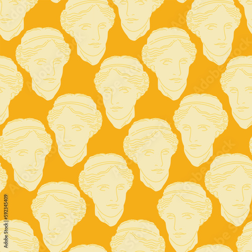 Seamless pattern with antique head. Greek sculpture. Plaster bust of Venus on a yellow background. Vector illustration in a flat style. Background for modern design, textiles and printing.