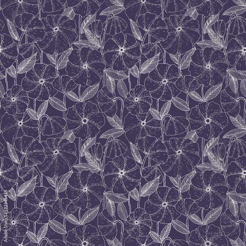 Botanical hand drawn seamless pattern made of ink pen poppy flowers with hatches. Simple minimalistic line art floral background in vintage style on violet.