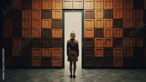 a woman standing in front of an open door photo