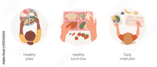 Healthy eating isolated cartoon vector illustration set. Plate with different sections, balanced nutrition, packing healthy lunch box, personalized family meal plan, list of dishes vector cartoon.