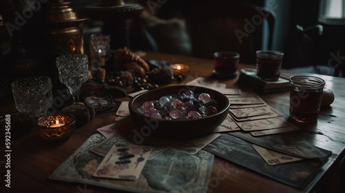 Tarot Cards, Oracle Cards, and Other Tools of Divination Spread Across a Table FlatLay Surrounded by Crystals and Candles in a Moody Witchy Aesthetic - Generative AI