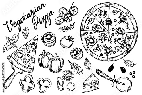 Set of hand drawn line art black vegetarian pizza ingredients: bell pepper, tomatoes, cheese, onion, olive, basil.Pizza wheel and slices of fast food.isolated