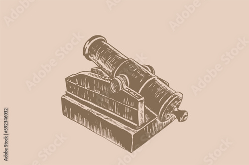 Graphical gun, a type of artillery piece on sepia background, vector vintage element of military weapon