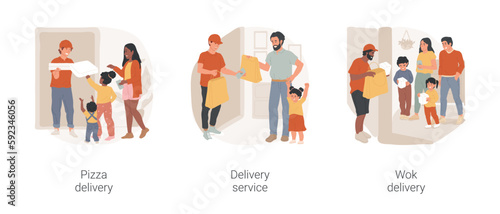 Food delivery isolated cartoon vector illustration set. Courier in uniform gives a pizza boxes to kids, wok delivery service, noodle boxes, bag with food, restaurant meal at home vector cartoon.