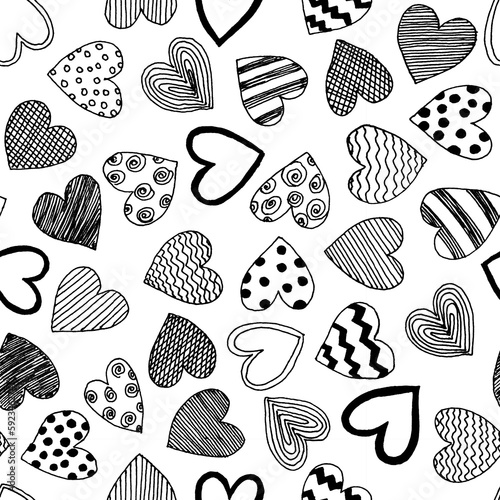Hand drawn line art different shaped black hearts with waves,stripes,lines and dots as simple seamless pattern.Minimalistic Valentine's Day white background for cards,invitation,wrapping paper.