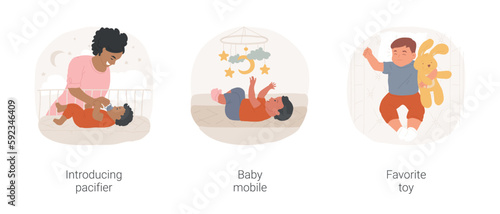 Baby sleep toys isolated cartoon vector illustration set. Introducing pacifier, mom gives infant a rattle, watching baby mobile, hugging soft toy teddybear, bedtime routine vector cartoon.