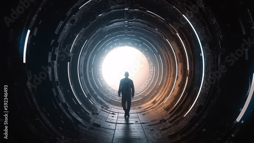 a man standing in front of a light at the end of a tunnel