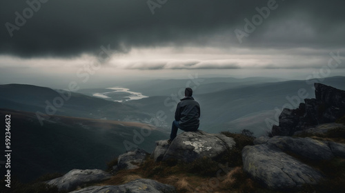 Lonely man sitting on top of mountain cloudy sky, Generative Ai © oldwar