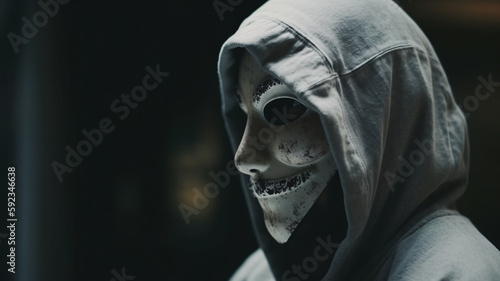 a close up of a person wearing a mask