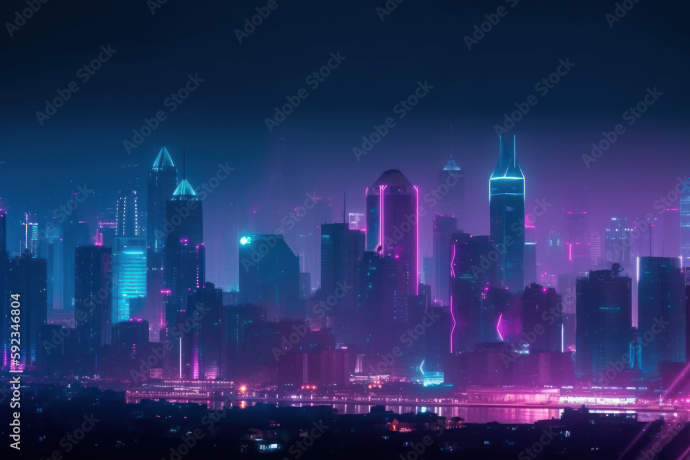 Modern City Skyline in Blue and Purple Hues