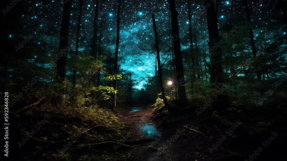 Dark forest, Neon circuitry, Star-filled sky, Bright, Futuristic. Generative AI.