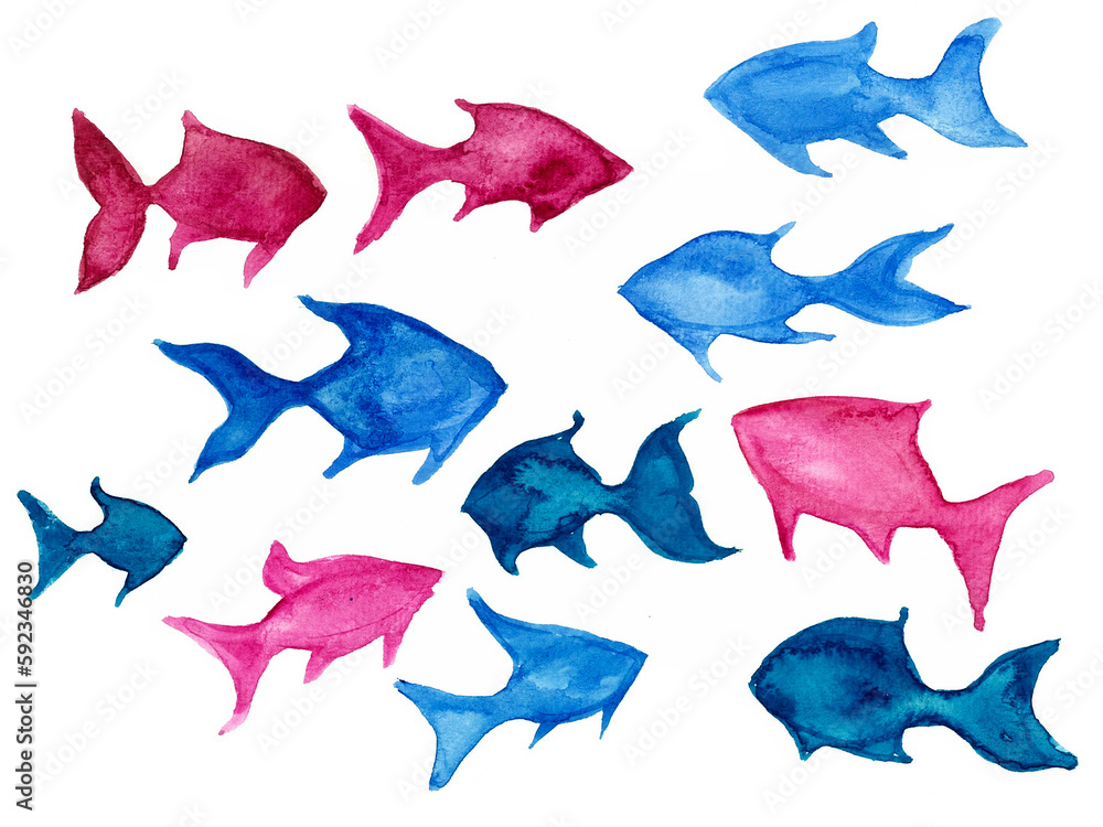 Fototapeta premium Blue, pink fish on a white background. Watercolor blur. 