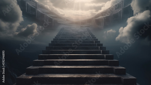 a stairway leading up to a sky filled with clouds