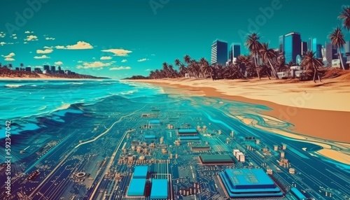Motherboard City with Beach Cyber Generative AI