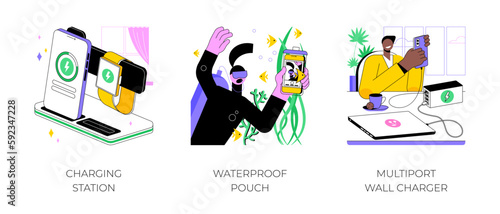 Electronics accessories and supplies isolated cartoon vector illustrations set. Wireless charging station, waterproof pouch, multiport wall charger, modern mobile technology vector cartoon.