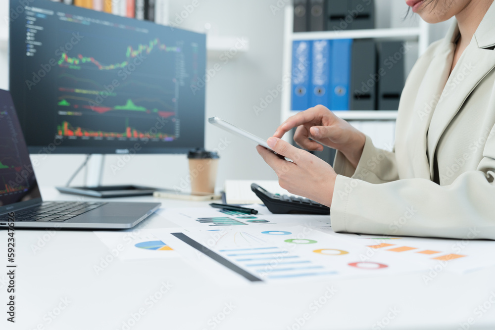 Business women calculate benefit, spreadsheets, graph financial development, bank accounts, statistics, economy, data analysis, investment analysis, stock exchange,Interest rates, income Business women calculate benefit, spreadsheets, graph financial development, bank accounts, statistics, economy, data analysis, investment analysis, stock exchange,Interest rates, income