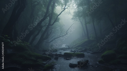 a stream running through a lush green forest