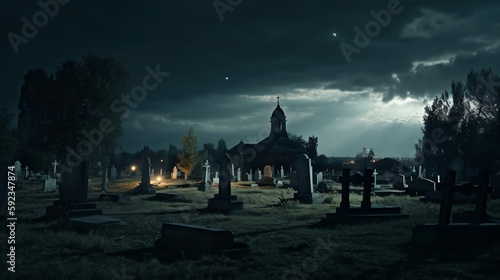 Cemetery or graveyard in the night with dark sky and white clouds. Haunted cemetery. Spooky and scary burial ground. Horror scene of graveyard. Funeral concept. Sadness, Generative Ai