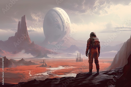 Foto colonist, exploring the red planet's barren landscape, with distant views of fut