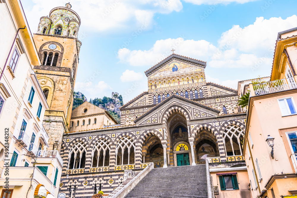 Beautiful Amalfi Cathedral located in in the Piazza del Duomo, Amalfi, Italy.