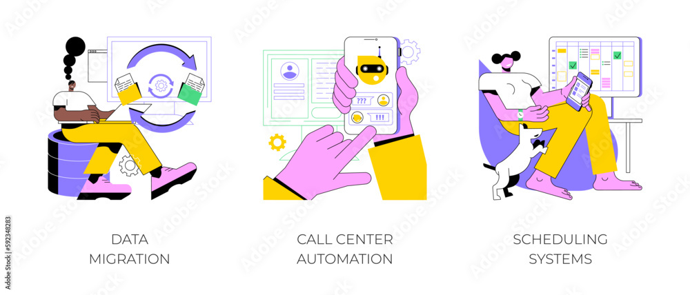 Automation software isolated cartoon vector illustrations set. Data migration, format processing, call center help desk application, scheduling system, automate business process vector cartoon.