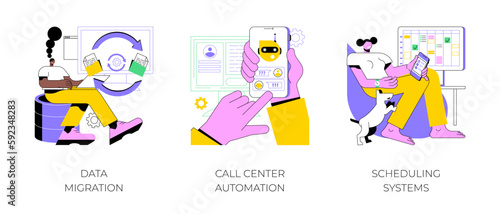 Automation software isolated cartoon vector illustrations set. Data migration, format processing, call center help desk application, scheduling system, automate business process vector cartoon.
