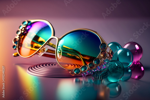  Glamour female sunglasses on the table. Super photo realistic background. Generative ai illustration © Anna