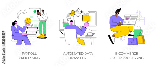 Automated business processes isolated cartoon vector illustrations set. Payroll automation software, receive payment, data transfer, file exchange, e-Commerce order processing vector cartoon.