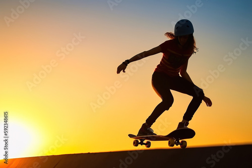 Fotografija Young woman skateboarding at sunset, generative ai
