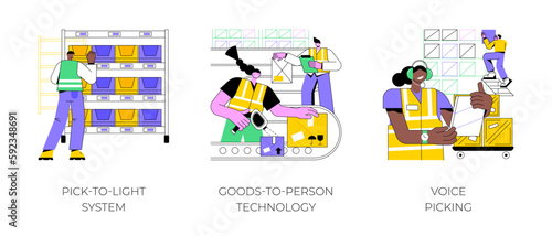 Warehousing technologies isolated cartoon vector illustrations set. Pick-to-light equipment with smart shelve, goods-to-person technology, warehouse worker use voice picking system vector cartoon.