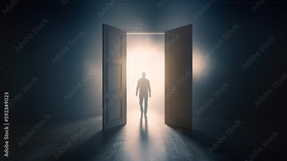 Fototapeta premium a man standing in front of an open door