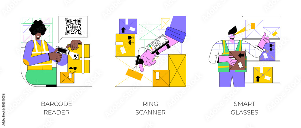 Warehouse devices isolated cartoon vector illustrations set. Worker scans goods with barcode reader, checking goods with ring scanner, managing inventory using smart glasses vector cartoon.