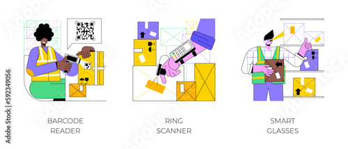 Warehouse devices isolated cartoon vector illustrations set. Worker scans goods with barcode reader, checking goods with ring scanner, managing inventory using smart glasses vector cartoon.