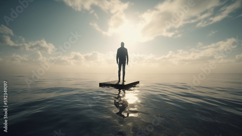 a man standing on a surfboard in the middle of the ocean