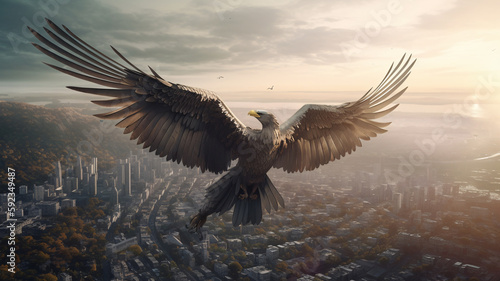 a large bird that is flying over a city