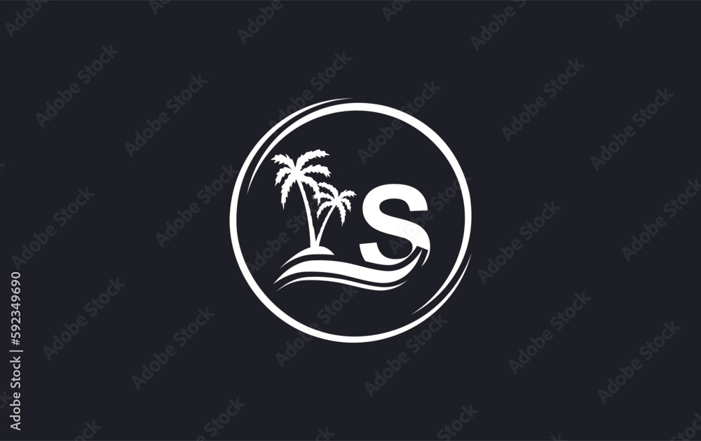 Beach tree and nature water wave logo design vector with the letter and alphabet, Water color logo vector
