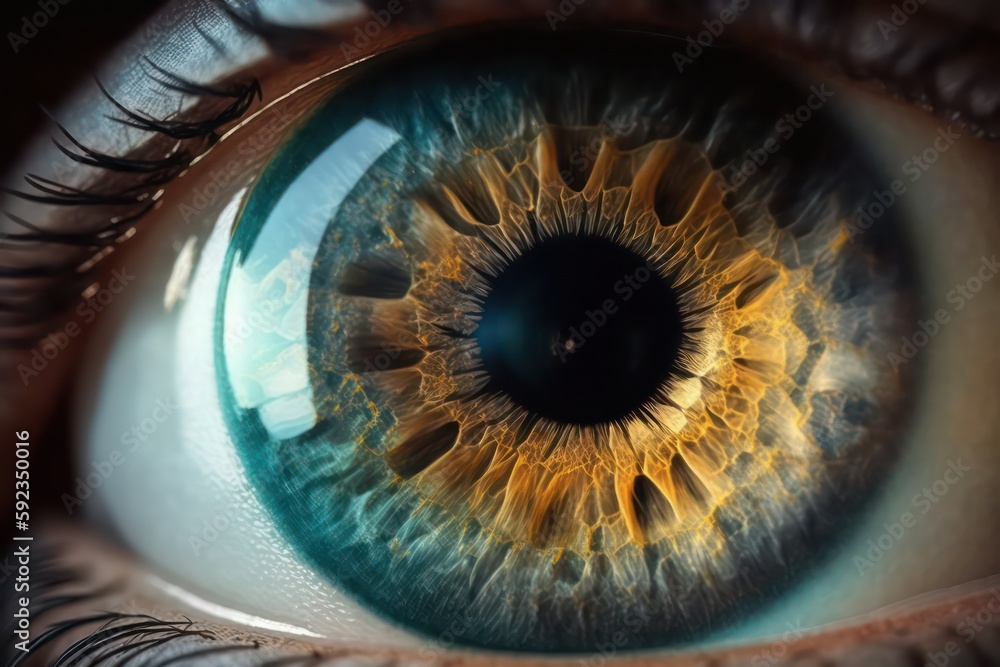 Extreme close up of an eye that is the mirror of the soul. Close up view of beautiful eye. Generative AI.