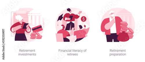 Retiree budget plan abstract concept vector illustration set. Retirement investments, financial literacy of retirees, pension preparation, income control, banking deposit abstract metaphor.