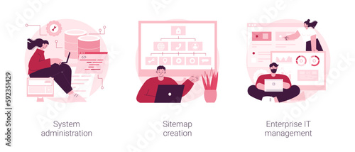 Computer systems abstract concept vector illustration set. System administration, sitemap creation, enterprise IT management, website optimization, IT software solutions abstract metaphor.