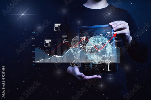 Hands showing Tablet with human body hologram for futuristic research, 3d ai analysis or hospital data innovation.Life insurance, medical or man with virtual holographic anatomy for digital healthcare photo