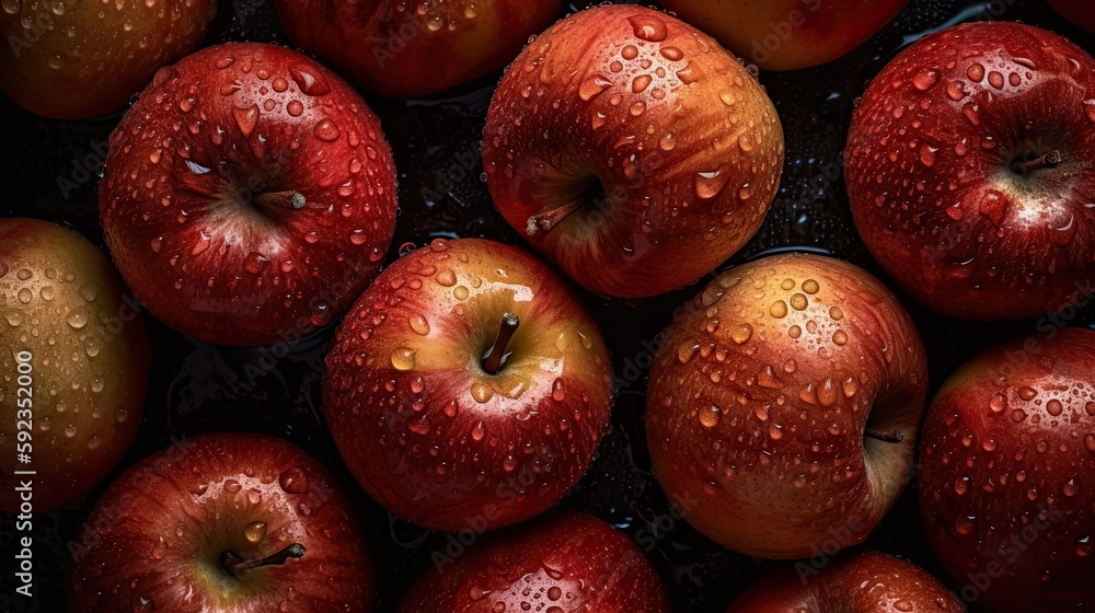 Fresh apples with drops of water on a Black background. Top view. Fresh apples with drops of water on a Black background. Top view.