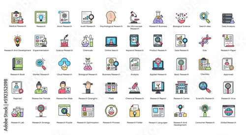 Research Color Line Icons Science Experiment Medical Icon Set in Filled Outline Style 50 Vector Icons