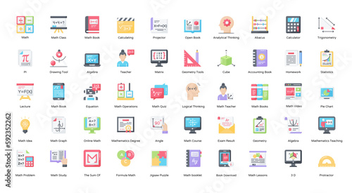 Math Flat Icons Maths School Education Algebra Icon Set in Color Style 50 Vector Icons
