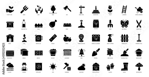 Farming Glyph Icons Farmer Garden Gardening Icon Set in Glyph Style 50 Vector Icons in Black