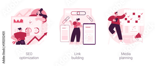 SEO strategy abstract concept vector illustration set. SEO optimization, link building, media planning, keyword optimization, page rank algorithm, online digital marketing tools abstract metaphor.